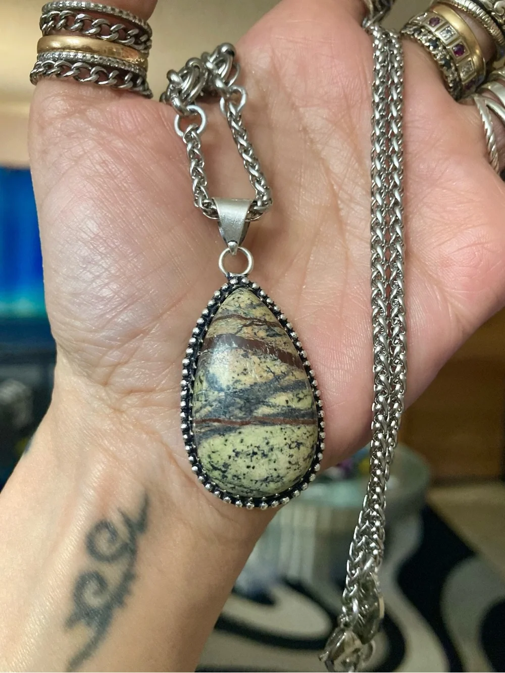 Jasper zebra gemstone Celtic knot steel boho chain necklace